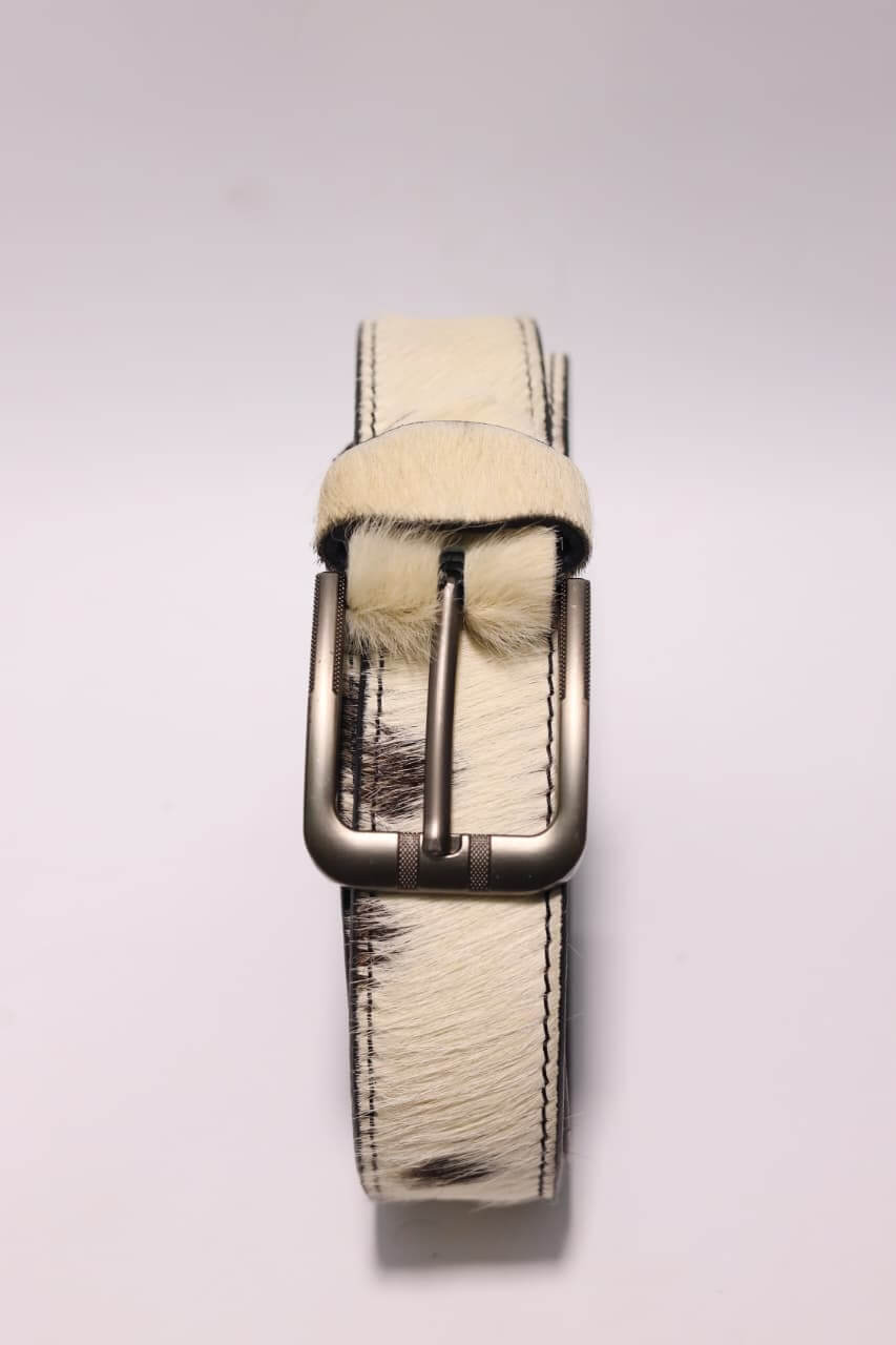 White leather belt with a silver buckle on a light gray background
