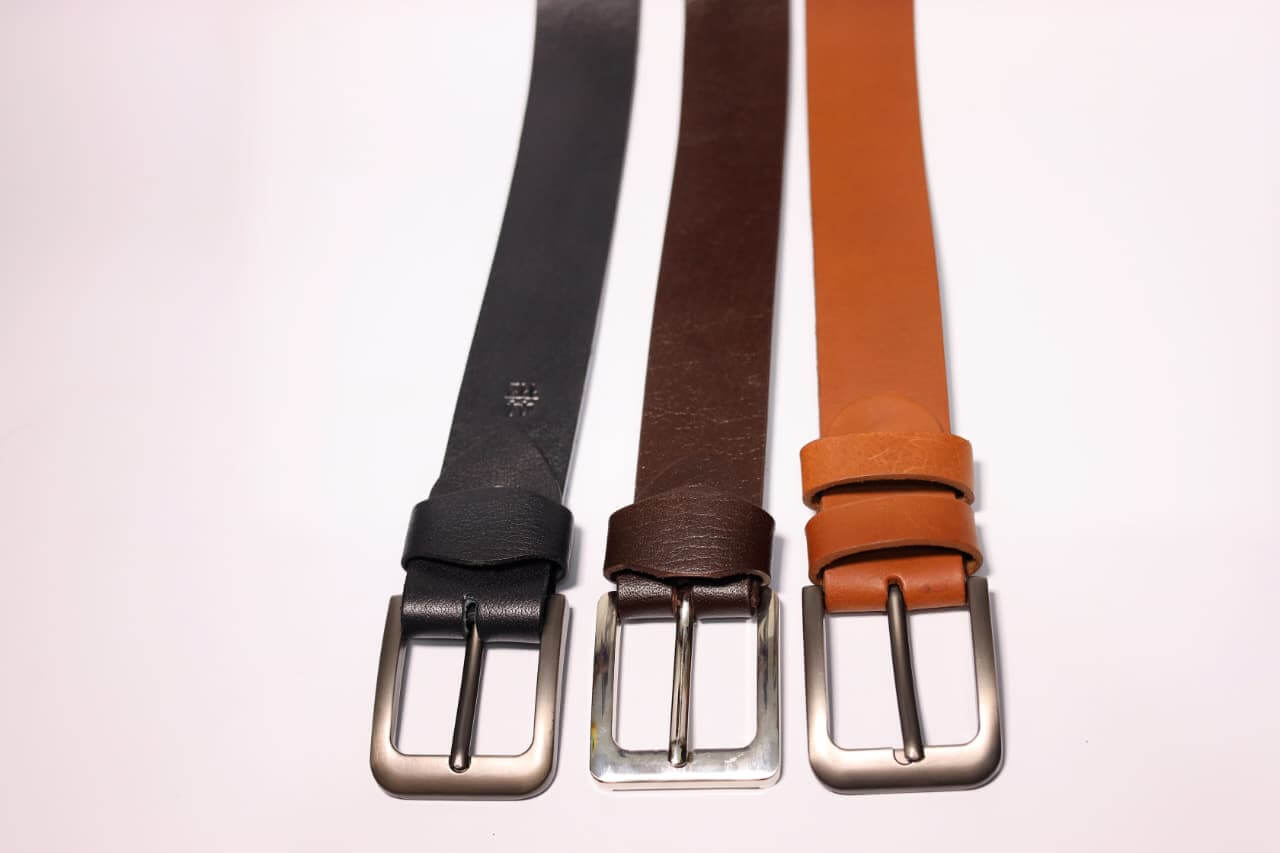 Men's Tan Full Grain Leather Jeans Belt - White Contrast Stitching - Silver-tone Casual Buckle - 5-Year Anti-Peeling Warranty