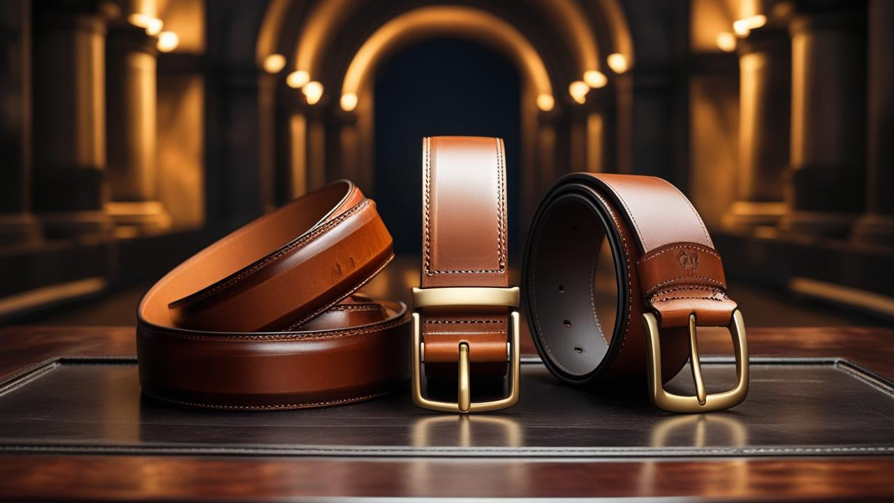 Three brown leather belts with brass buckles on a wooden surface.