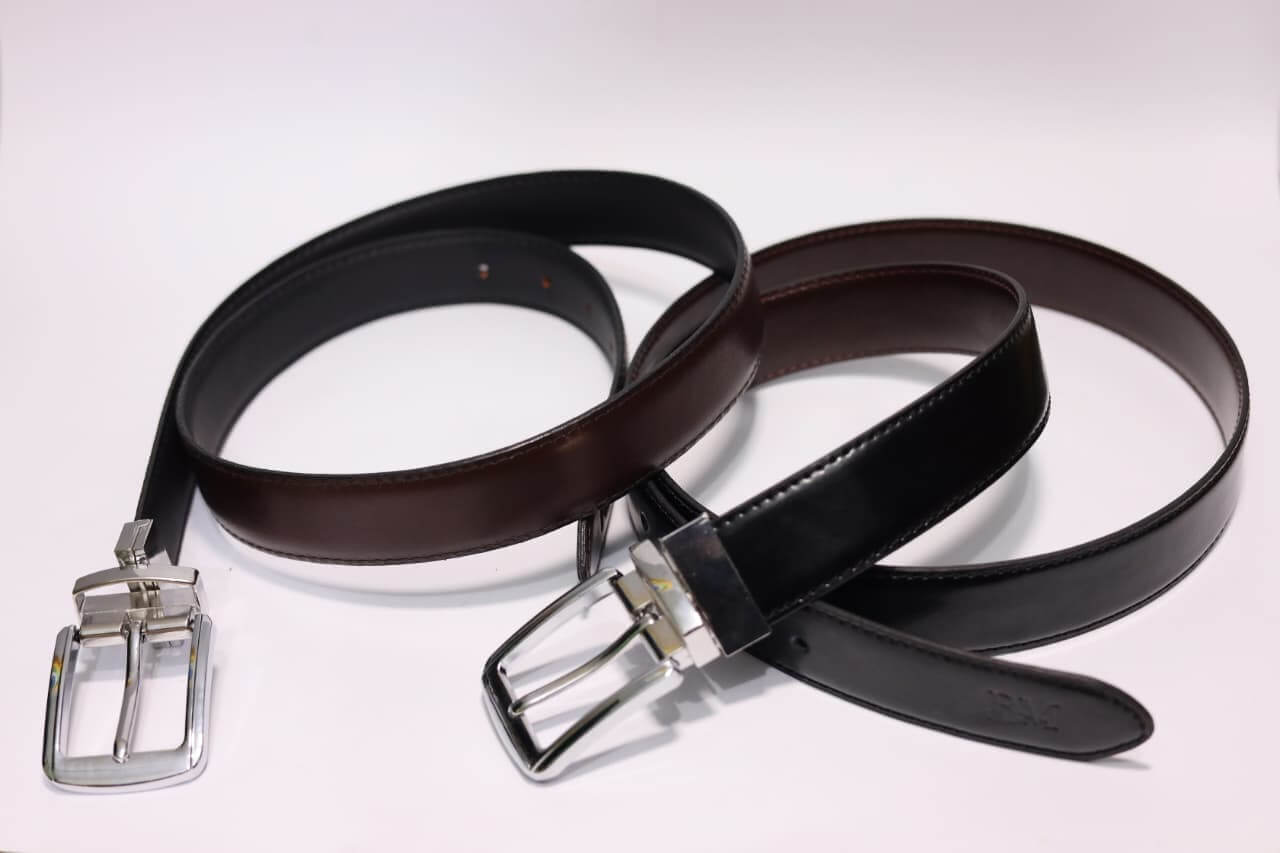 2-in-1 Double-Sided Cow Leather High Chrome Finish Belt - Black & Deep Brown